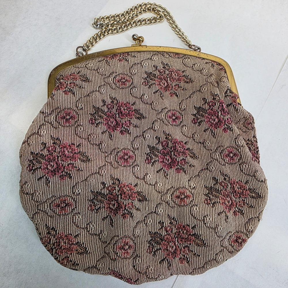 Vintage Floral Tapestry Handbag Medium Pink Gold Kiss Lock Evening Bag Clutch‎